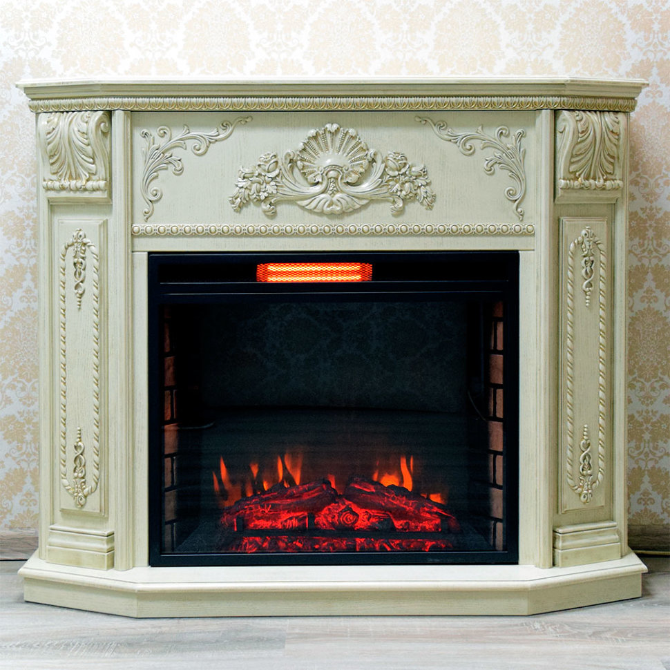 Портал электрокамина Лорд белый с золотой патиной под широкий очаг