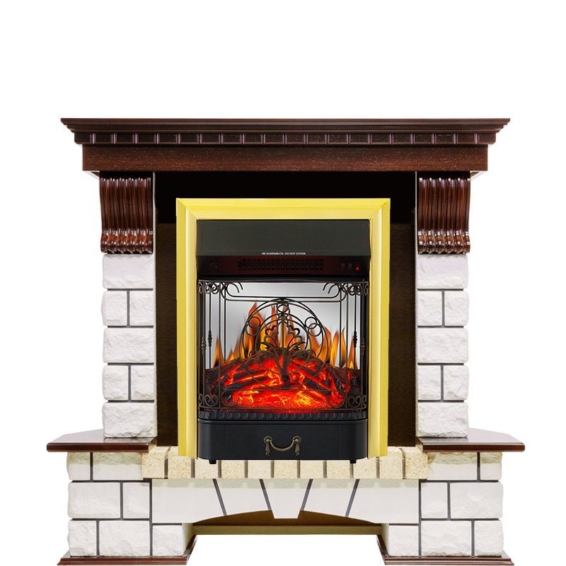 Каминокомплект Royal Flame Pierre Luxe угловой - Темный дуб / Белый с очагом Majestic FX M Brass